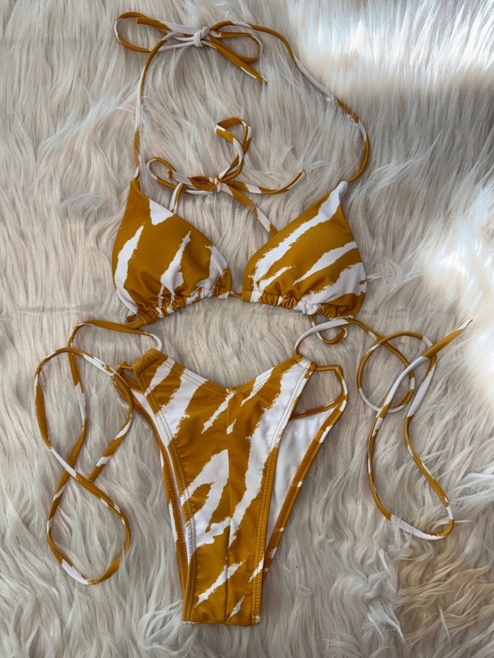 MATTE COLECTION Mustard & White Animal Print Triangle Bikini Sexy Edgy Boho XS